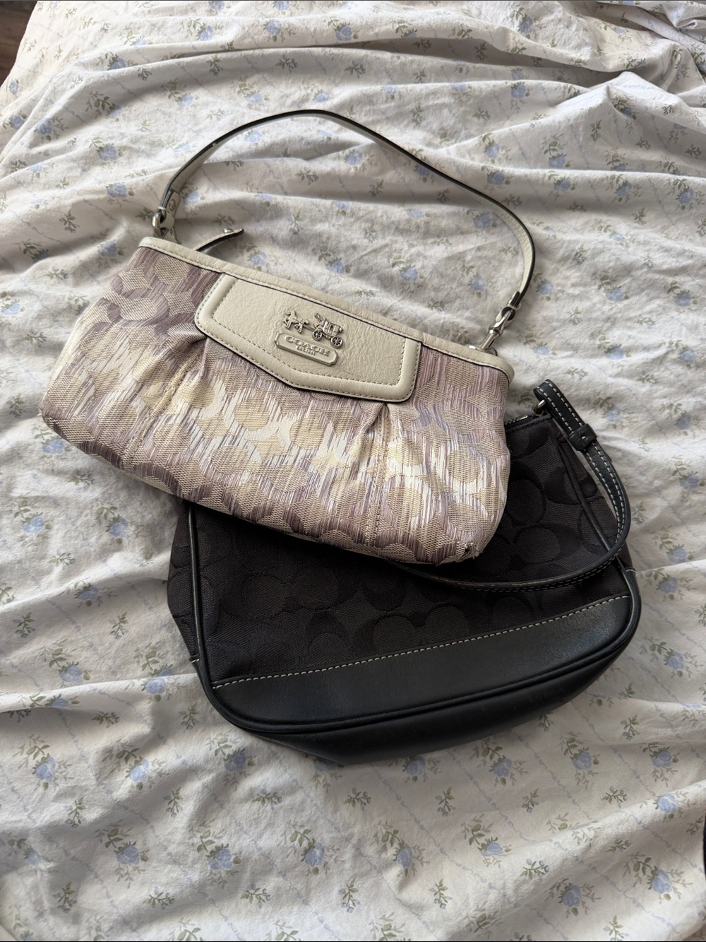 Coach Pleated Signature Shoulder Wristlet in Light Pink and Cream